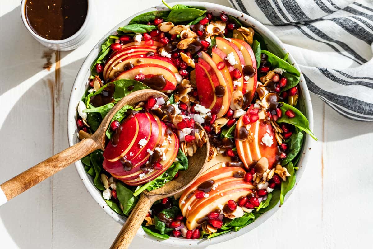 The Best Fall & Holiday Spinach Salad: Apples, Pomegranates & Pecans